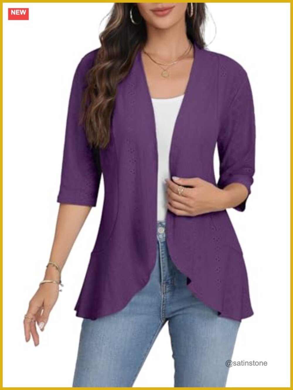Women's Open Front 3/4 Sleeve Knit Cardigan Lightweight Mesh Crochet Ruffled